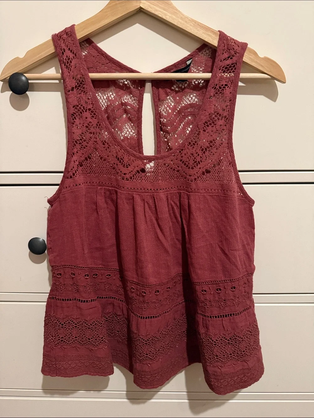 American Eagle Outfitters Burgundy Crochet Lace Boho Babydoll Tank Top